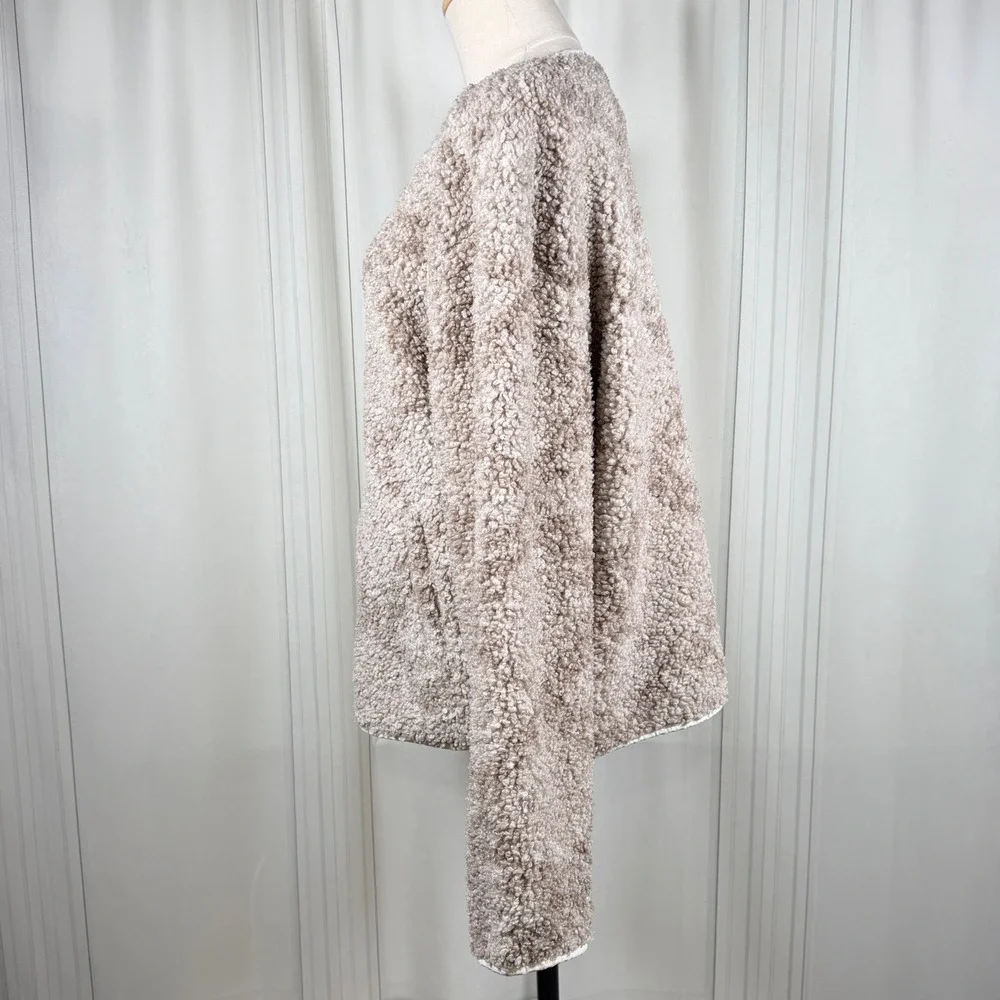 Lucky Brand Faux Shearling Jacket Neutral Multi Taupe Quilted Trim Button L